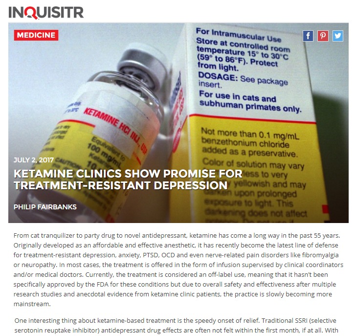 In The News: KETAMINE CLINICS SHOW PROMISE FOR TREATMENT-RESISTANT DEPRESSION